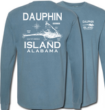 Long-sleeve comfort colors t-shirt with 'Dauphin Island, Alabama' map on the back - Color 'Ice Blue'