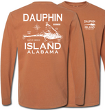 Long-sleeve comfort colors t-shirt with 'Dauphin Island, Alabama' map on the back - Color 'Yam'